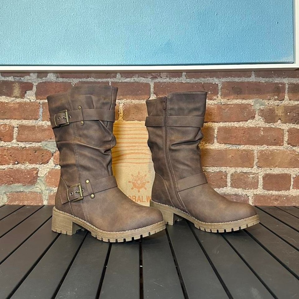 Brown Biker Engineer Leather Boot, Women's 8.5